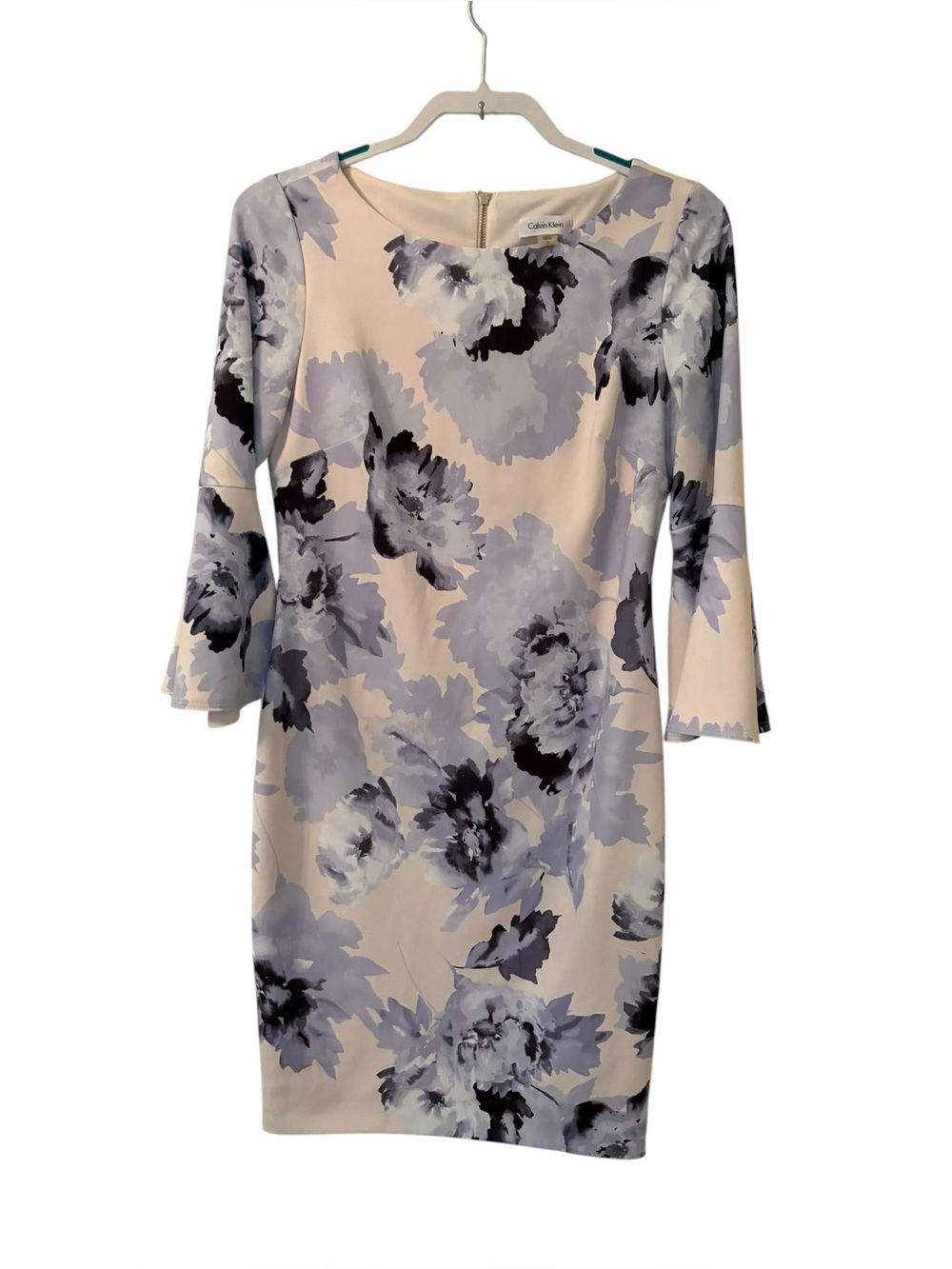 Calvin Klein Purple Floral Bell Sleeve Sheath Dress Women's Size 8